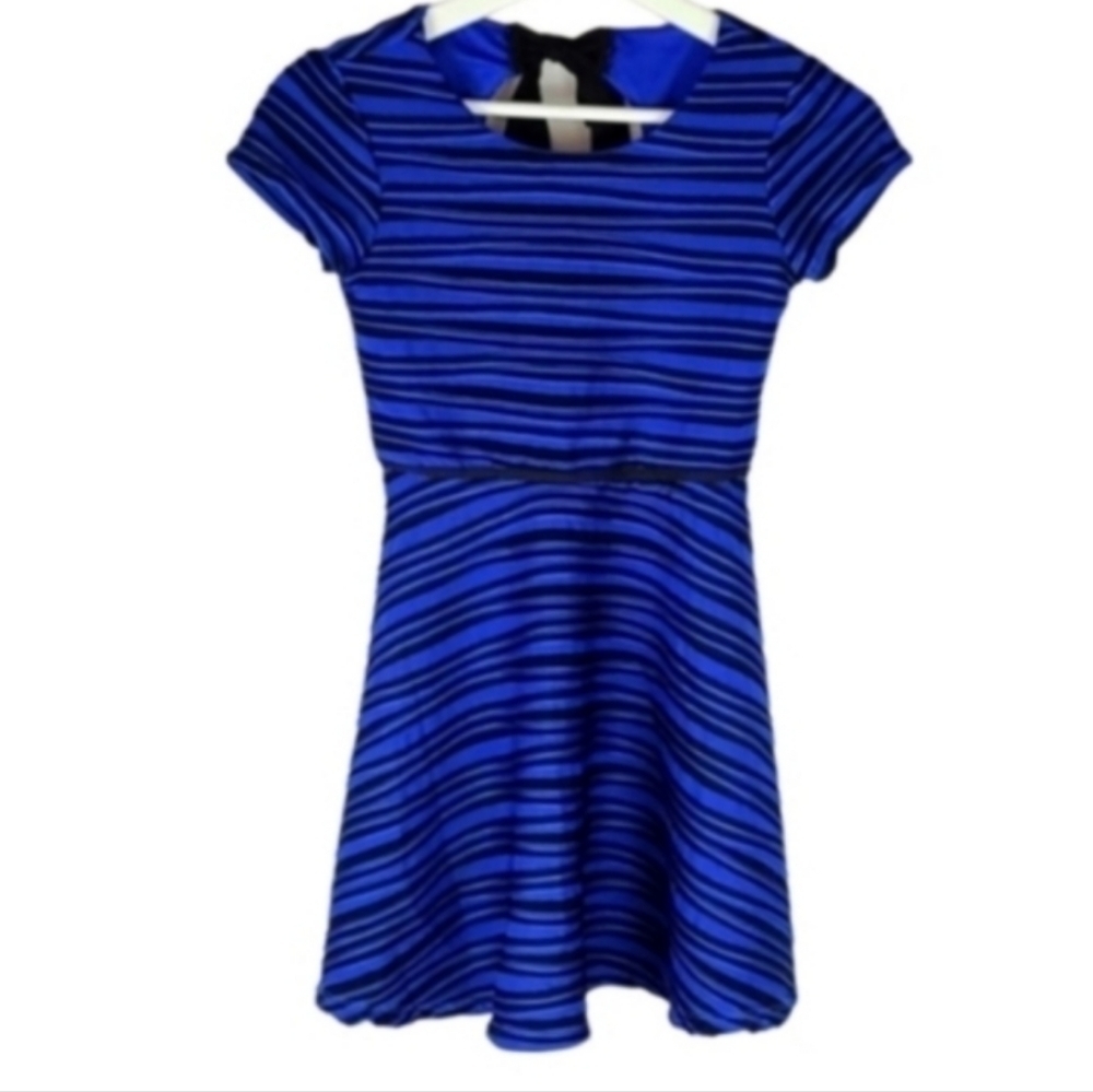 Striped Textured Short Sleeve Dress in Blue and Black , Girls 10